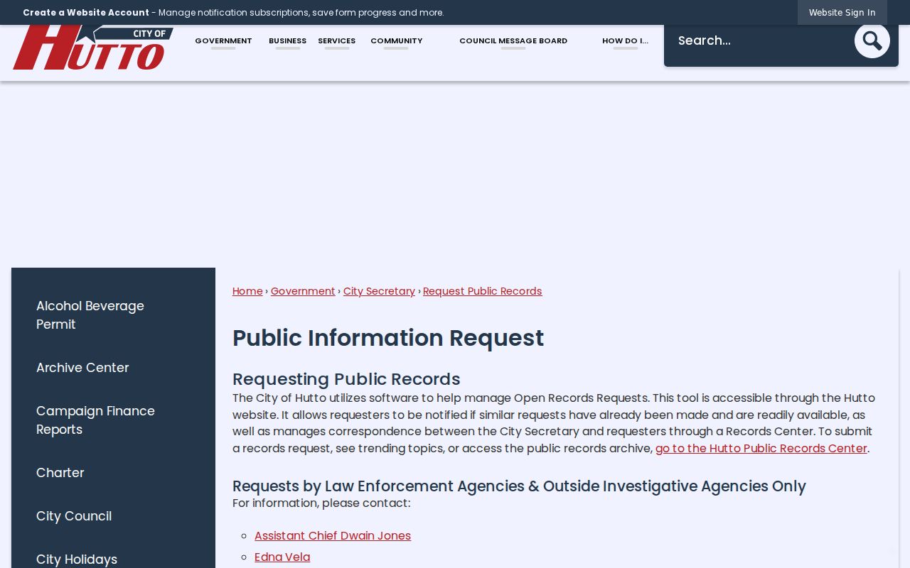 Hutto residents directory public-records request page