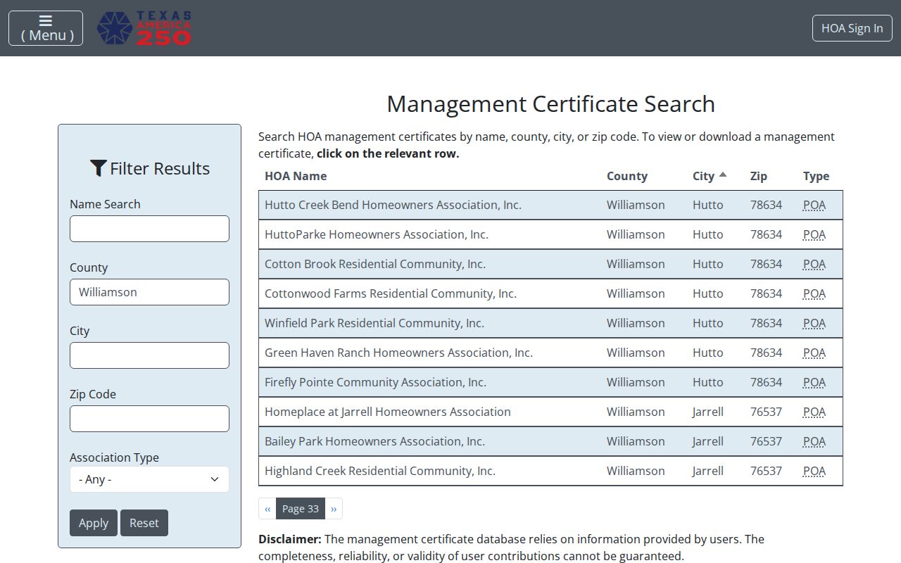 Hutto neighbors Texas HOA management certificate registry search