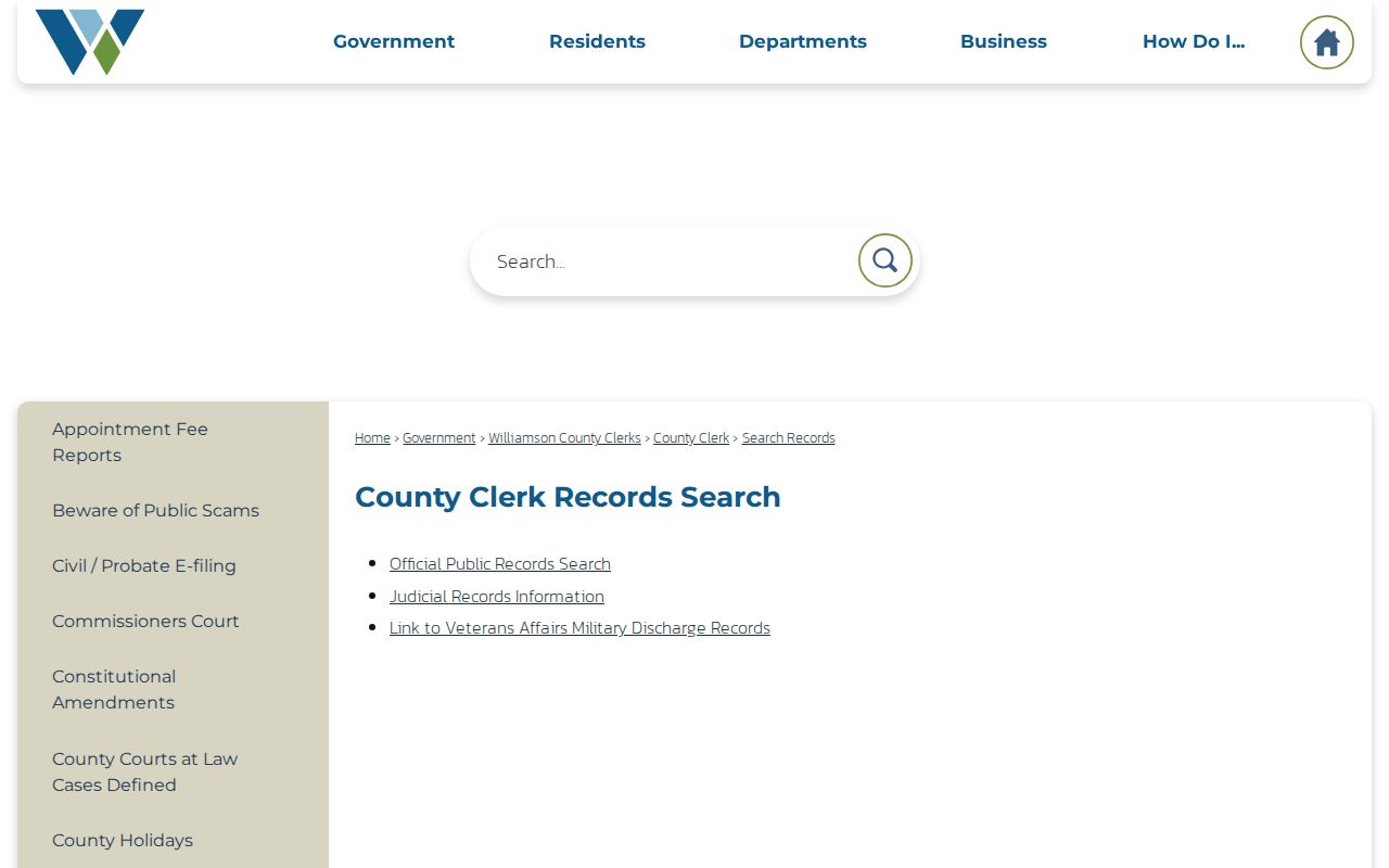 Hutto previous residents Williamson County Clerk records search page