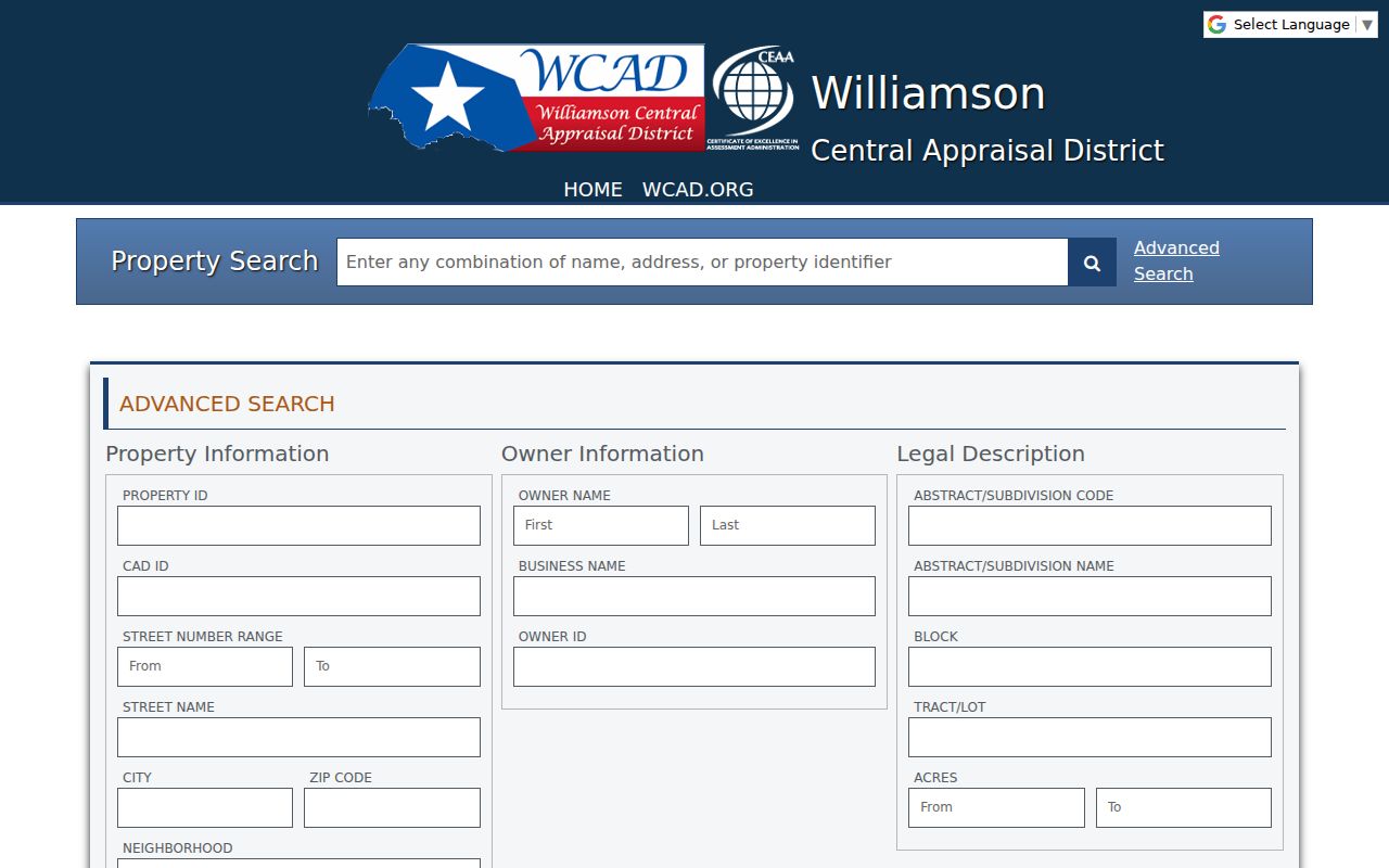 Hutto street directory WCAD advanced property search fields