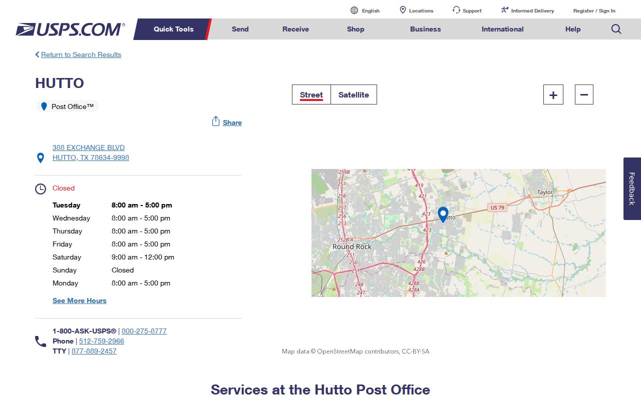 Hutto ZIP code directory reference, official Hutto Post Office listing